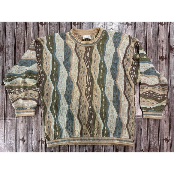 COOGI 3D Knit Stripe Sweater size Large Green Beige blue Rare vintage - Picture 1 of 5